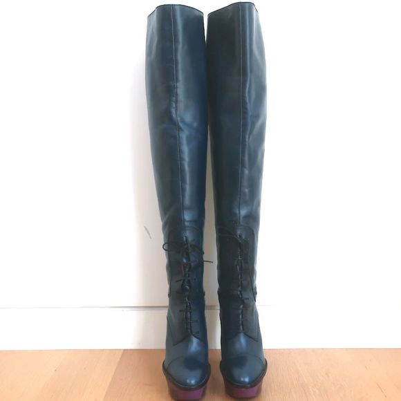 Louis Vuitton Lace-Up Thigh High Platform Boots Navy Leather Size 39 - Picture 3 of 12